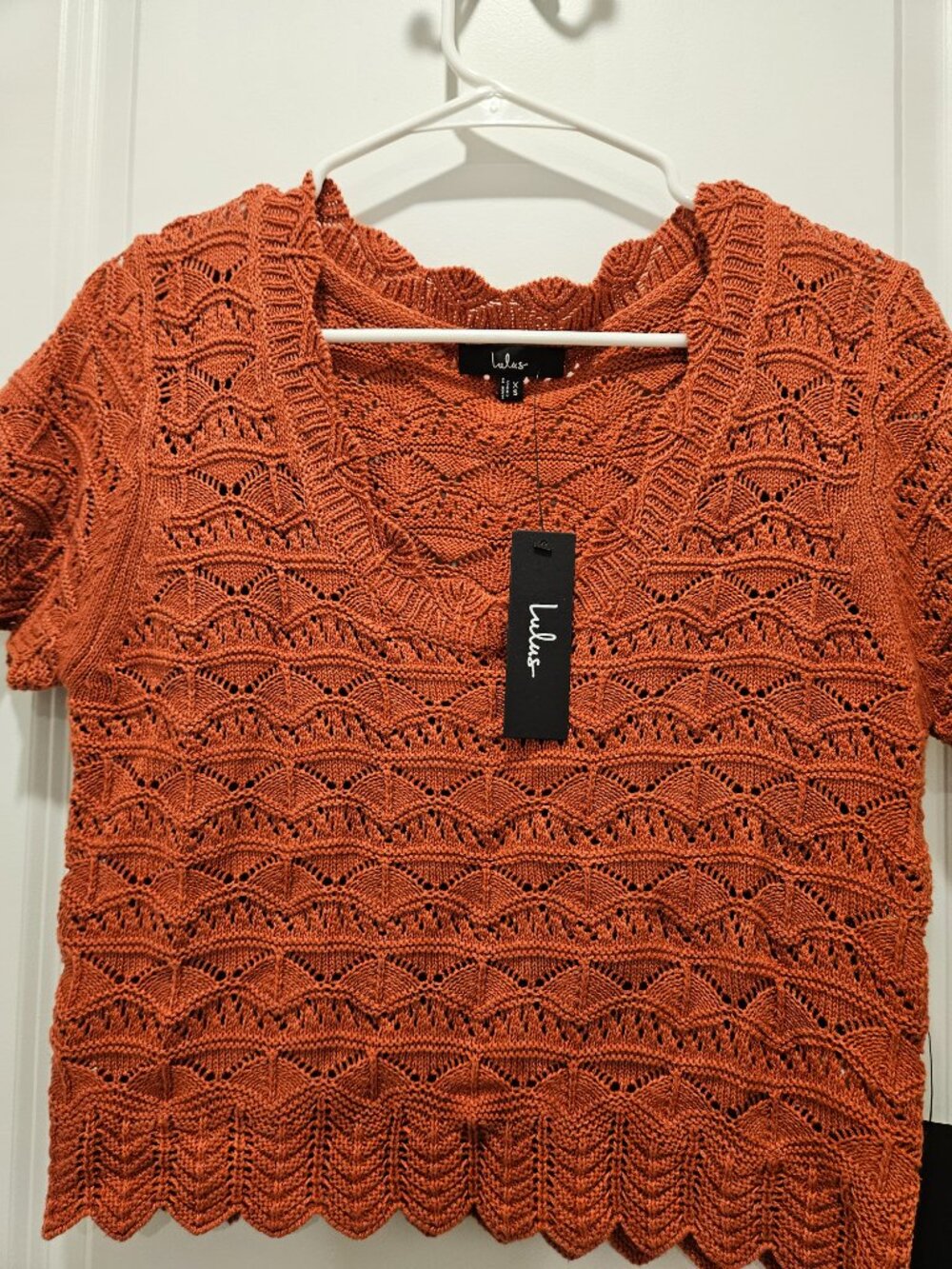 Rust Orange Pointelle Knit Short Sleeve Top